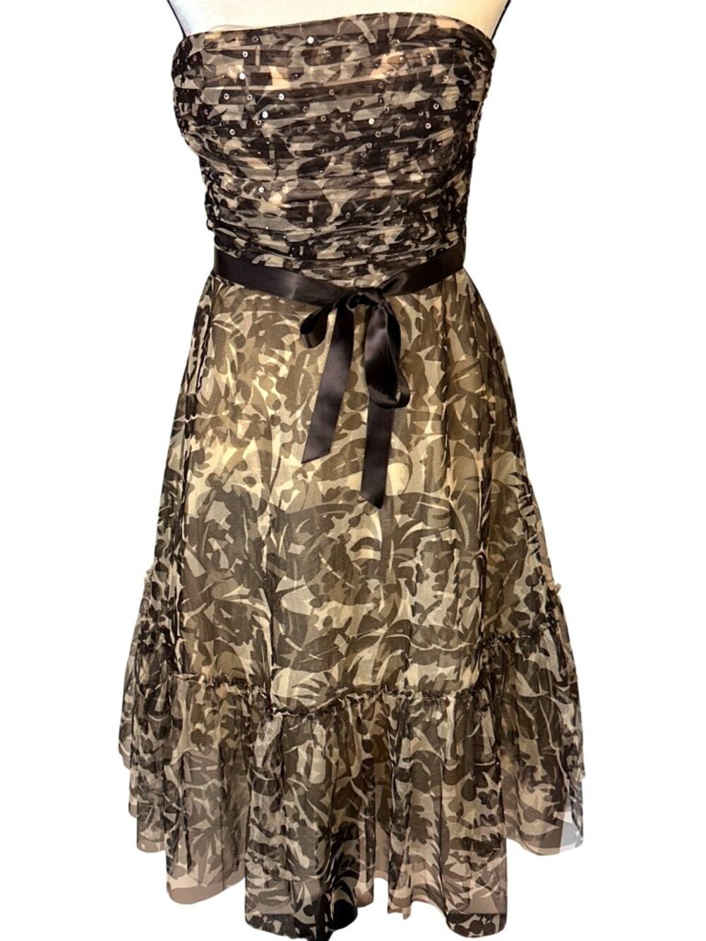 BCBGMax Azria Brown Strapless Dress Medium Petite MP Mesh Tulle Cocktails Formal